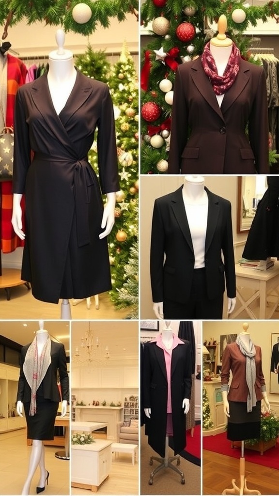 Elegant Christmas Outfit Ideas for the 50+ Age Group Elegant Christmas outfits for women over 50, including dresses, pantsuits, and casual styles displayed in a festive setting.